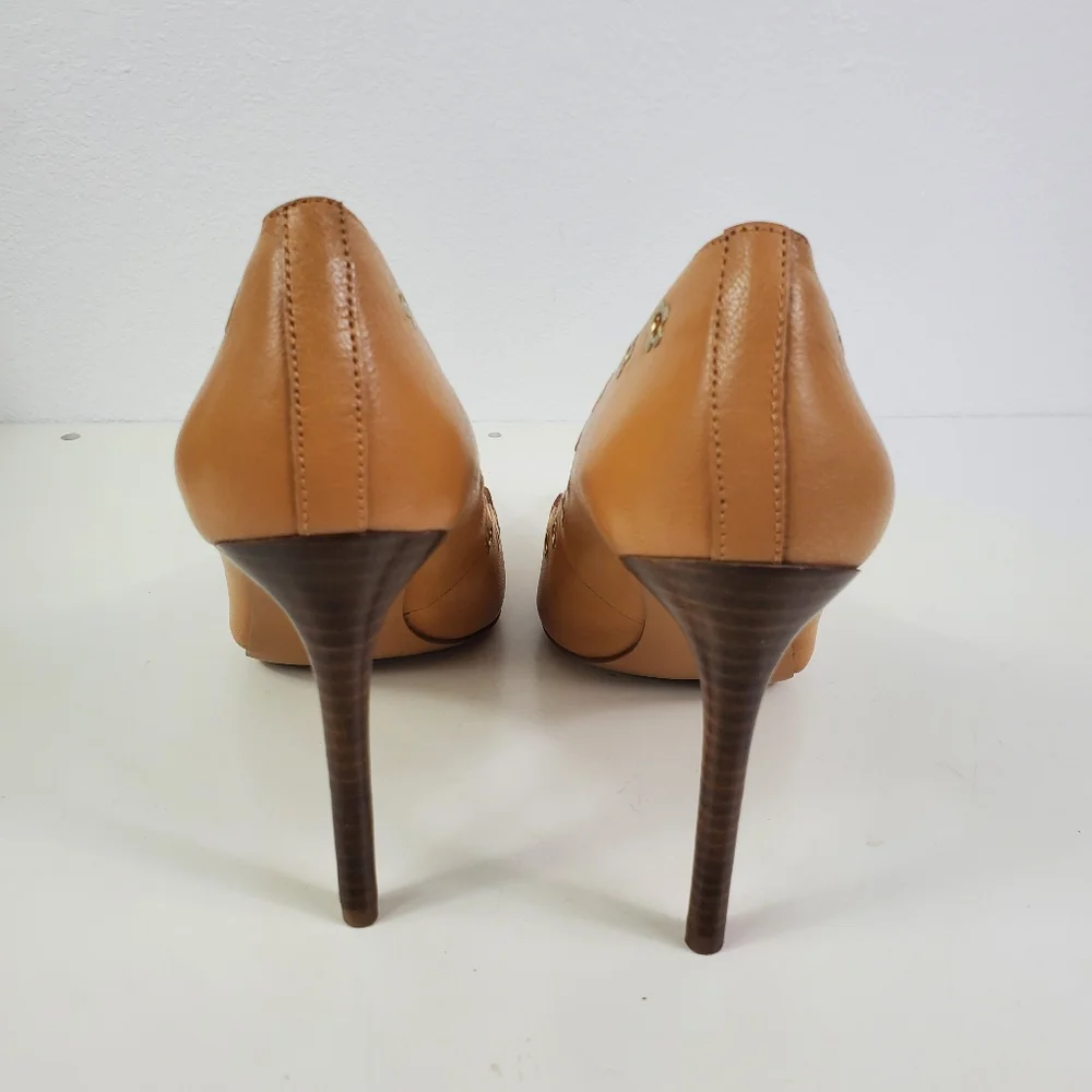 NINE WEST Jayla Nude + Gold Flower Facet Scalloped Pointed Toe Stiletto Heels 8 - Picture 5 of 11